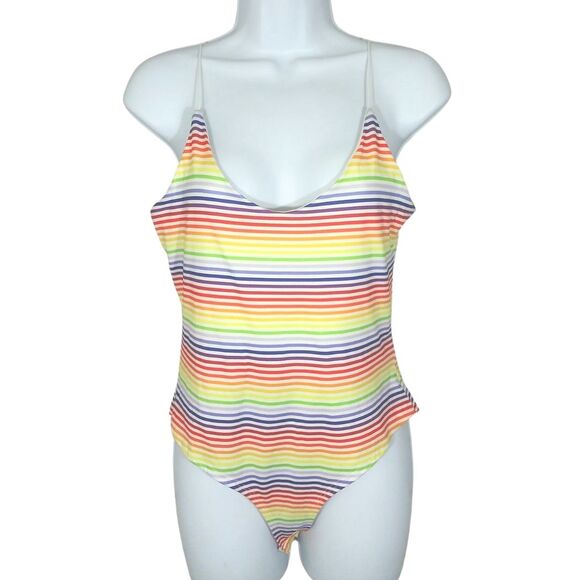 Rainbow Colorful Striped Sleeveless Bodysuit Funky Pride Y2K Sz Medium - Picture 1 of 4